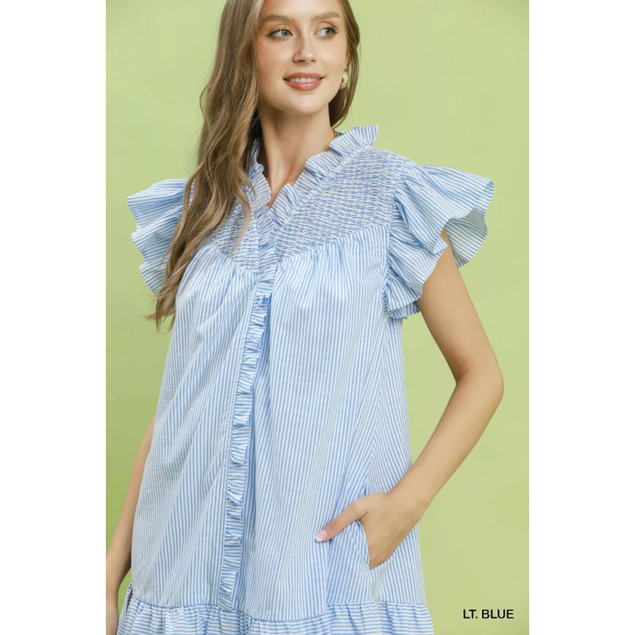 Umgee Stripe Smocked Yoke Ruffle Dress Apparel and Accessories