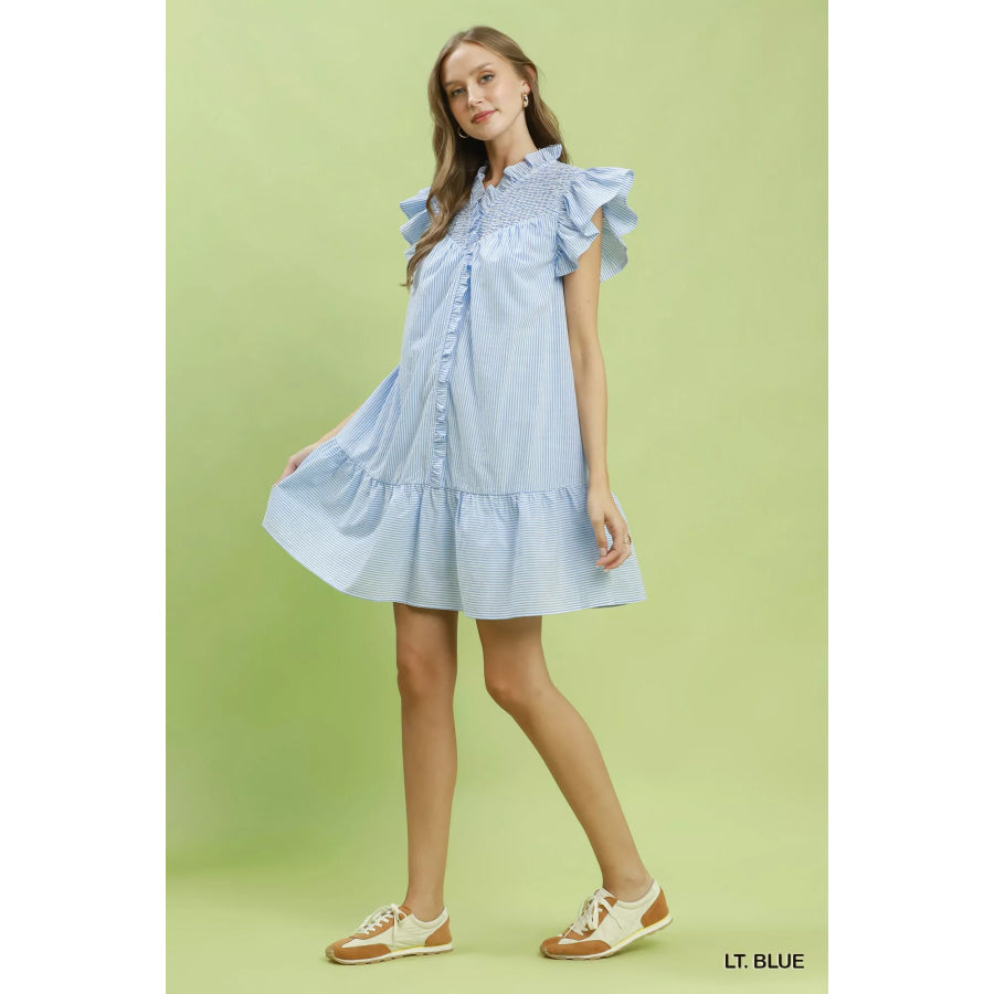 Umgee Stripe Smocked Yoke Ruffle Dress Apparel and Accessories