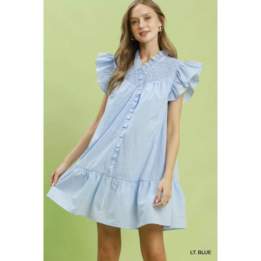 Umgee Stripe Smocked Yoke Ruffle Dress LT. BLUE / S Apparel and Accessories