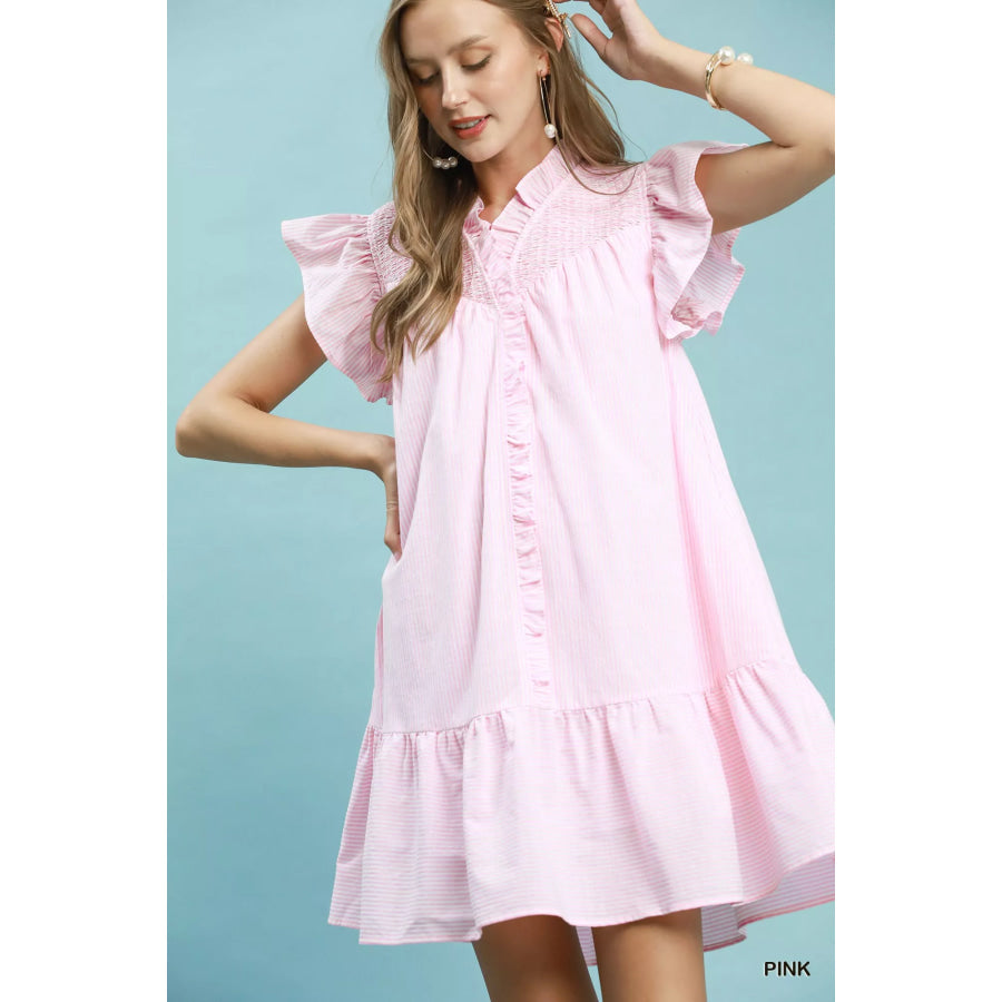 Umgee Stripe Smocked Yoke Ruffle Dress PINK / S Apparel and Accessories
