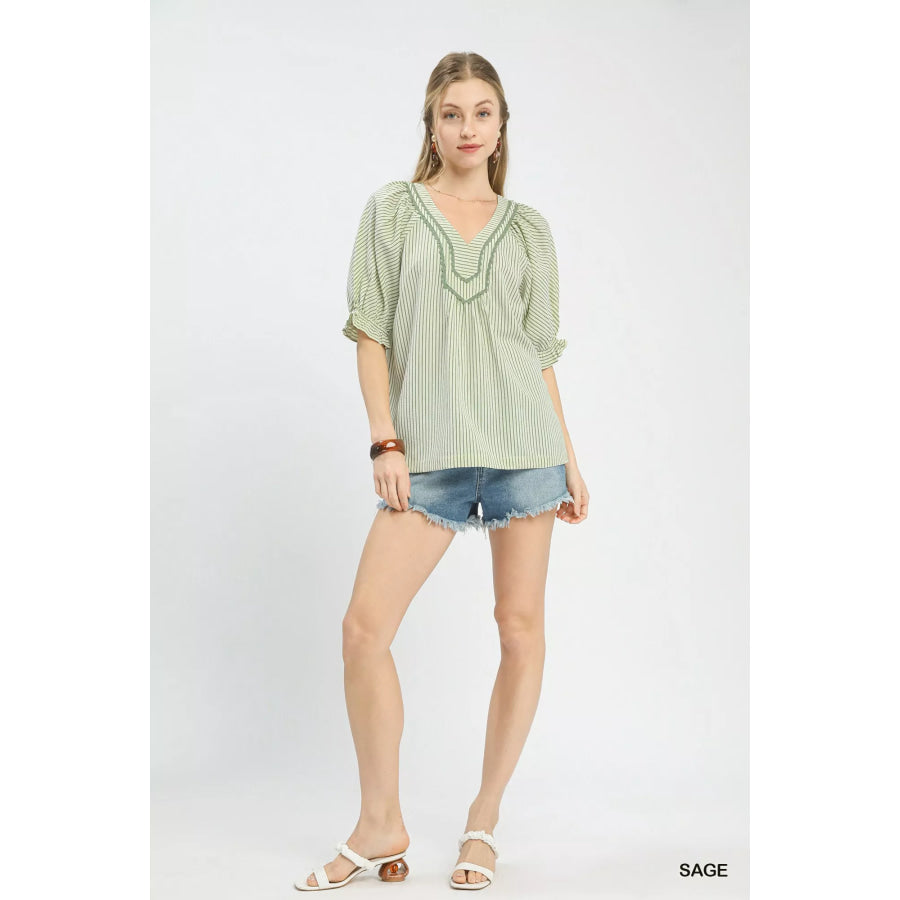 Umgee Stripe V-Neck Blouse SAGE / S Apparel and Accessories