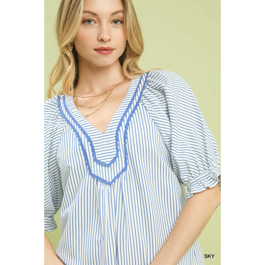 Umgee Stripe V-Neck Blouse Apparel and Accessories