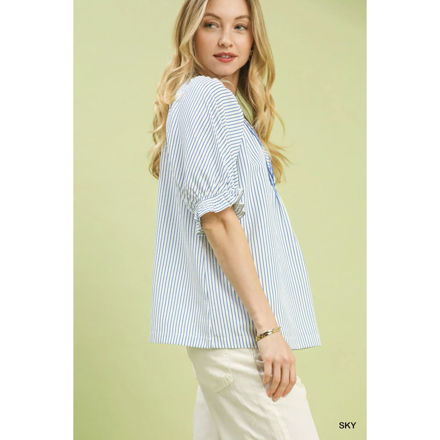 Umgee Stripe V-Neck Blouse Apparel and Accessories