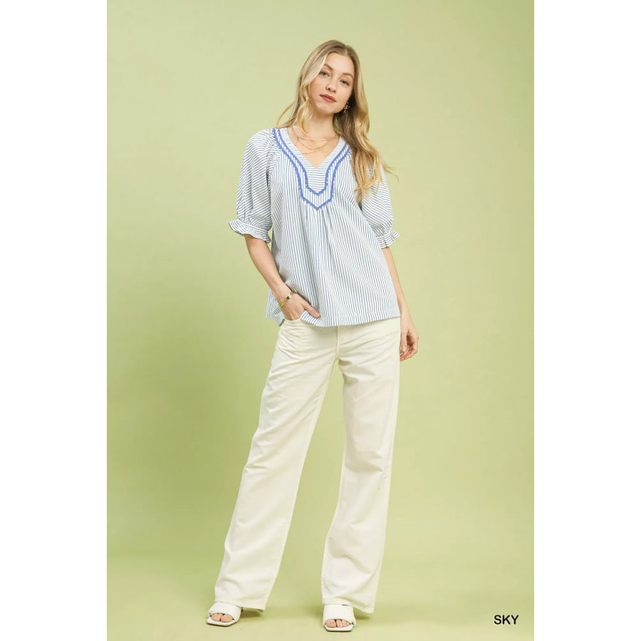 Umgee Stripe V-Neck Blouse Apparel and Accessories