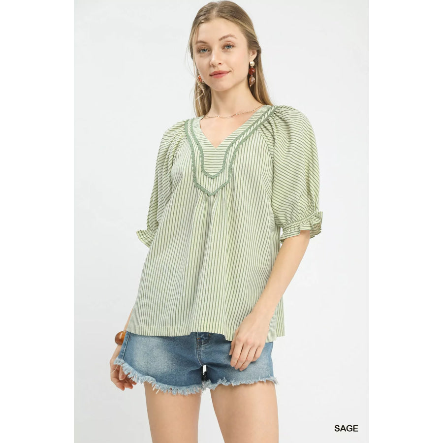 Umgee Stripe V-Neck Blouse SAGE / S Apparel and Accessories