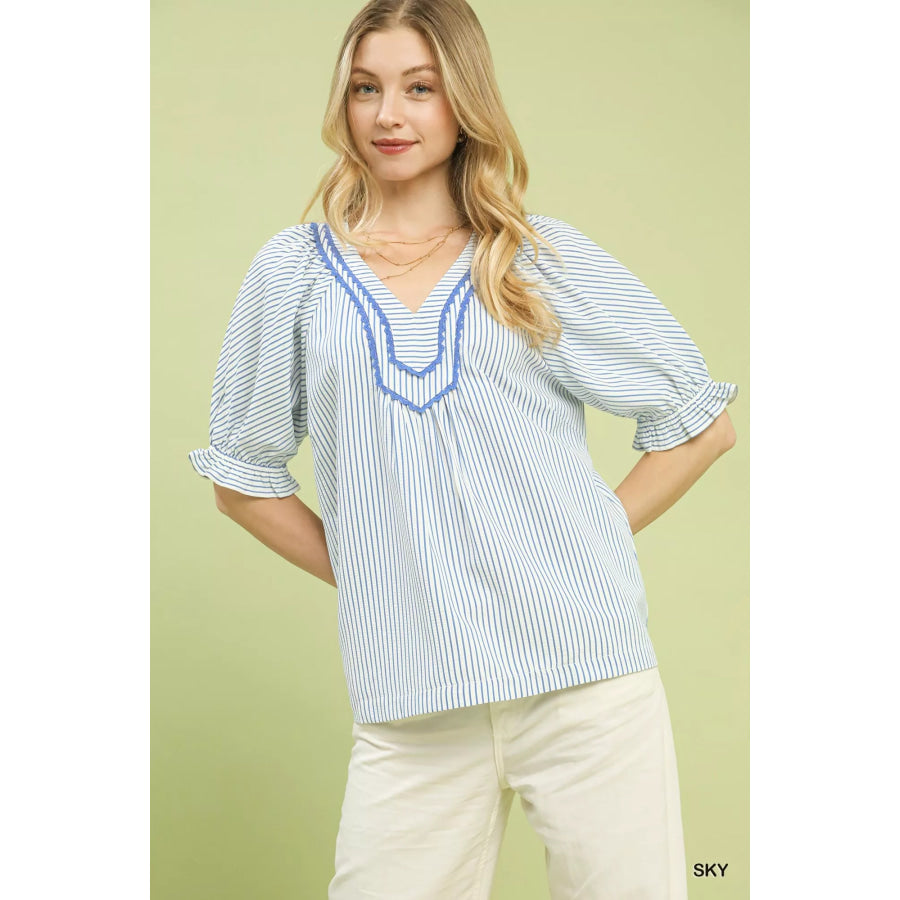 Umgee Stripe V-Neck Blouse SKY / S Apparel and Accessories