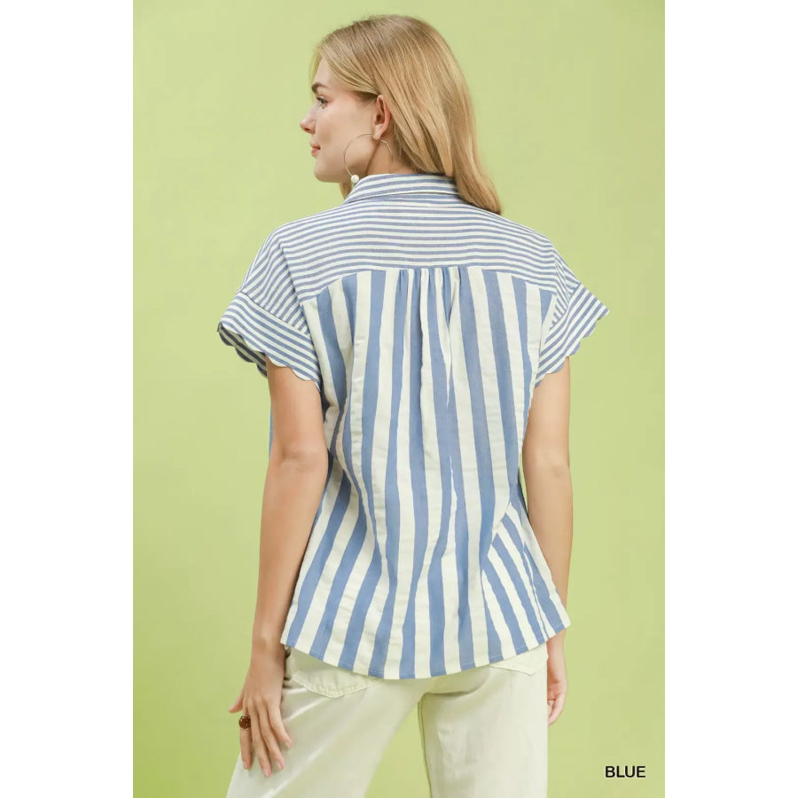 Umgee Striped Button Front Flutter Sleeve Top Apparel and Accessories