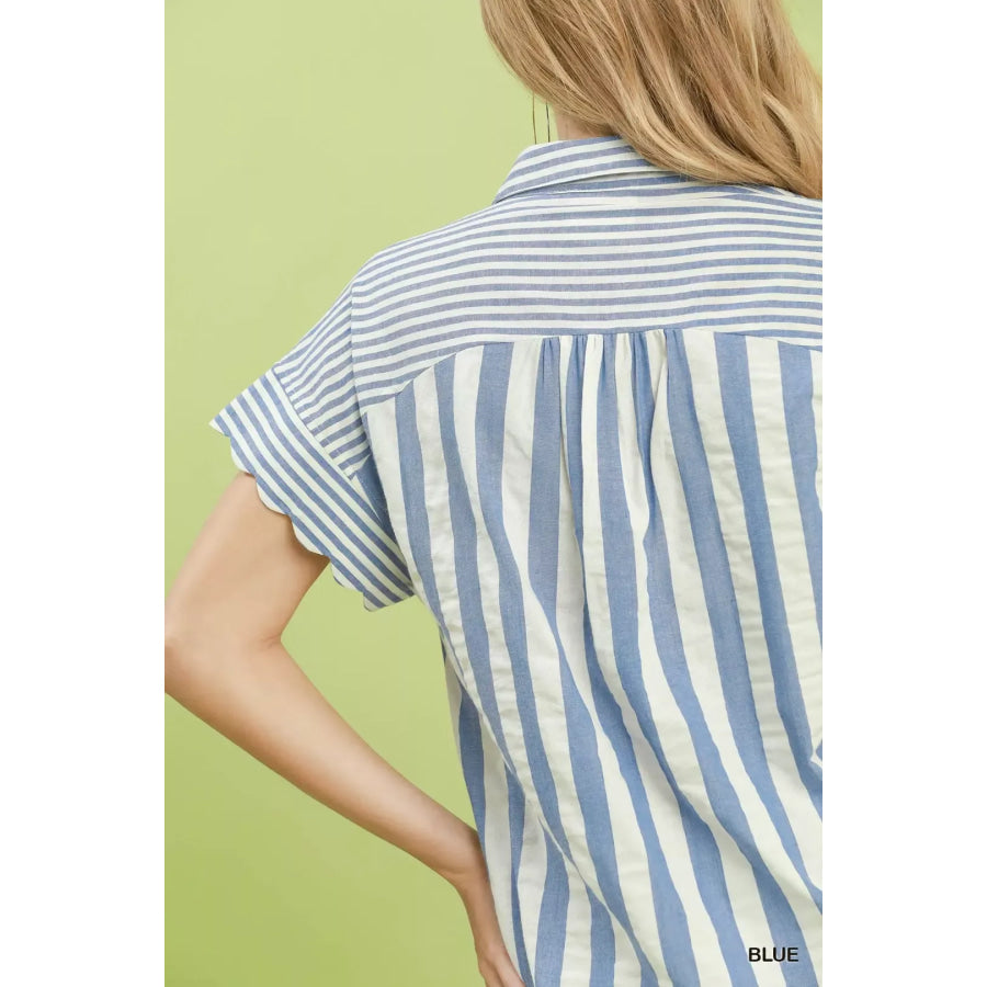 Umgee Striped Button Front Flutter Sleeve Top Apparel and Accessories