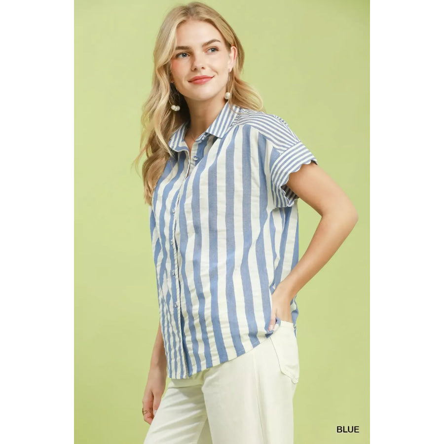 Umgee Striped Button Front Flutter Sleeve Top BLUE / S Apparel and Accessories