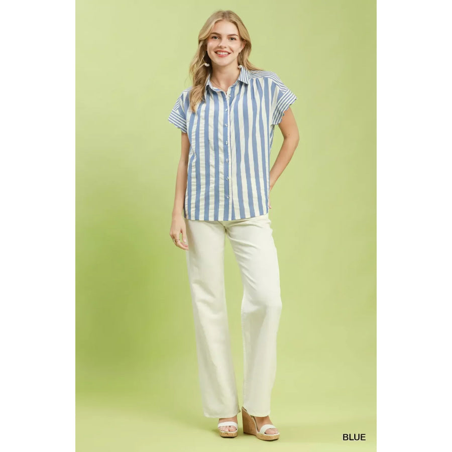 Umgee Striped Button Front Flutter Sleeve Top Apparel and Accessories
