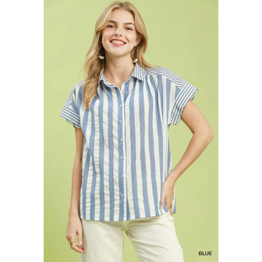 Umgee Striped Button Front Flutter Sleeve Top BLUE / S Apparel and Accessories