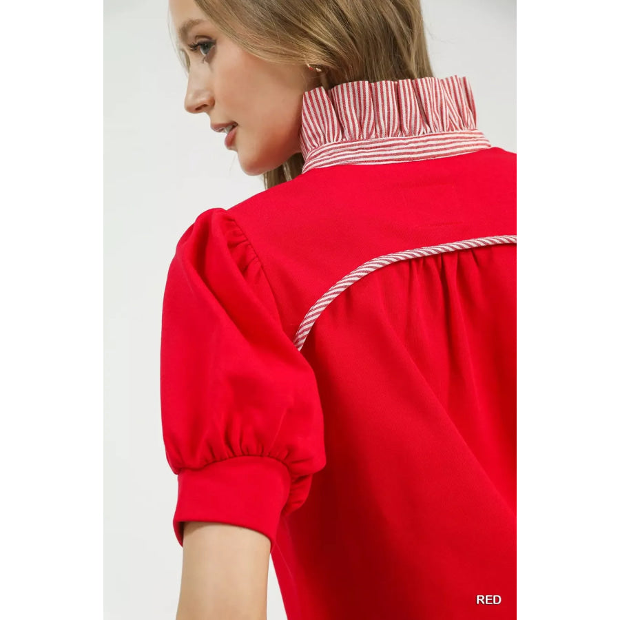 Umgee Striped Collar Popover Top Apparel and Accessories