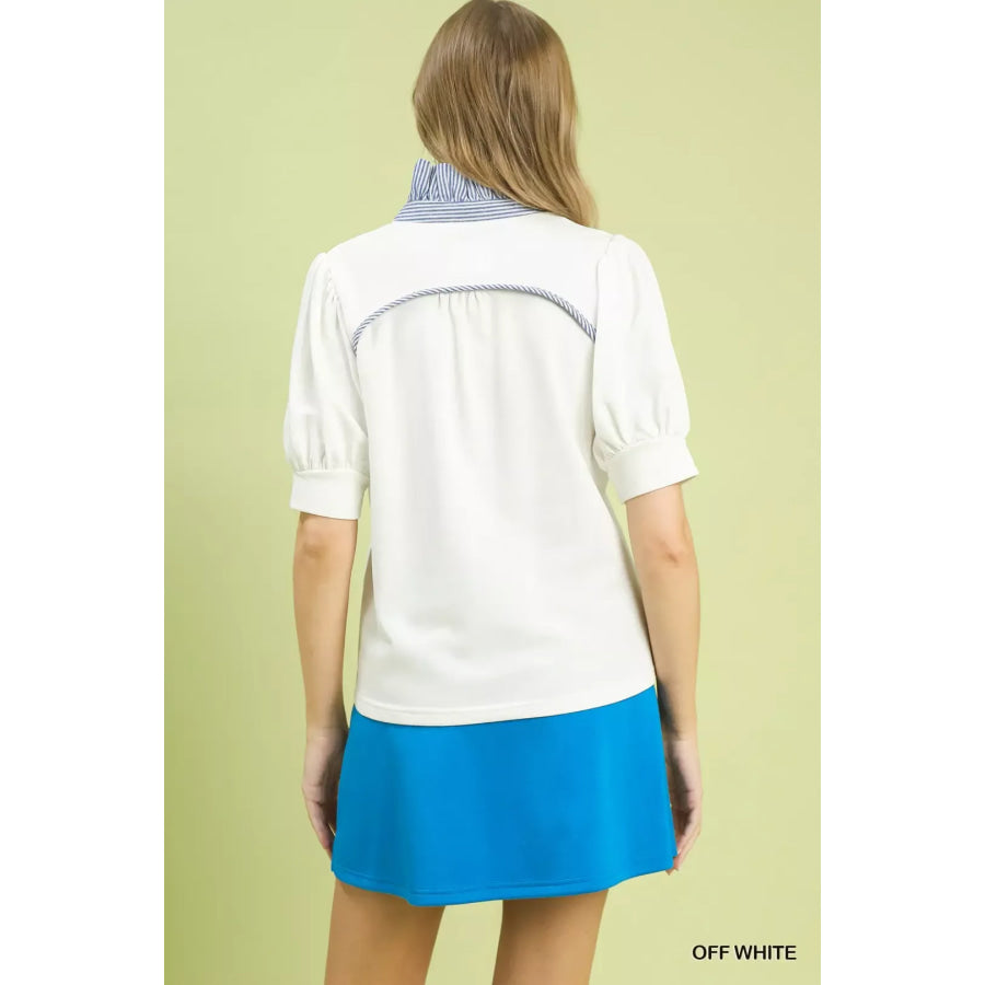 Umgee Striped Collar Popover Top OFF WHITE / S Apparel and Accessories