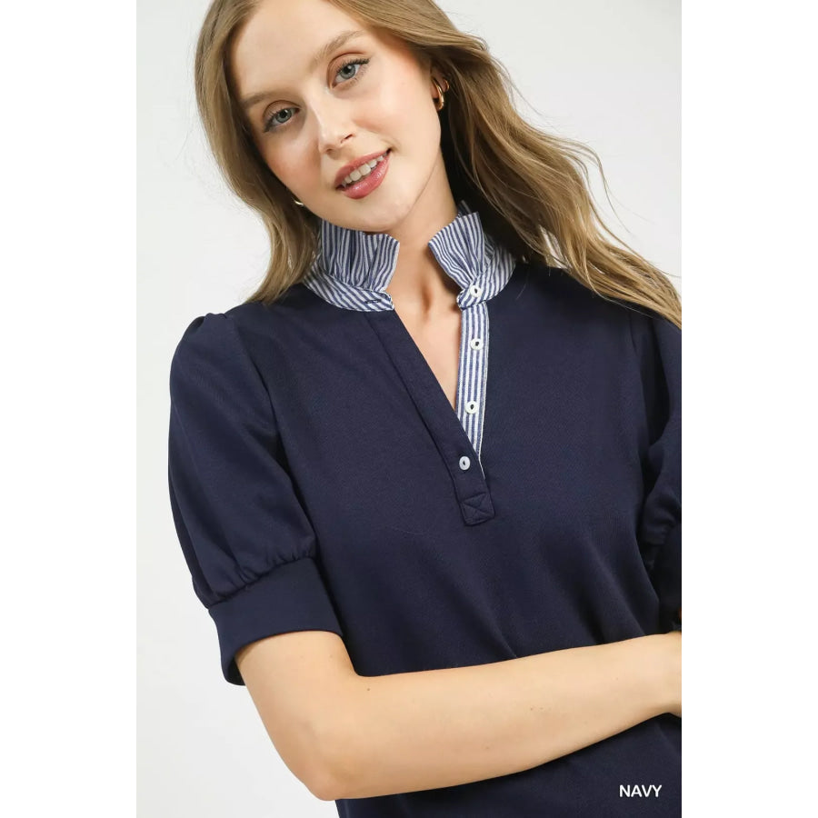 Umgee Striped Collar Popover Top Apparel and Accessories