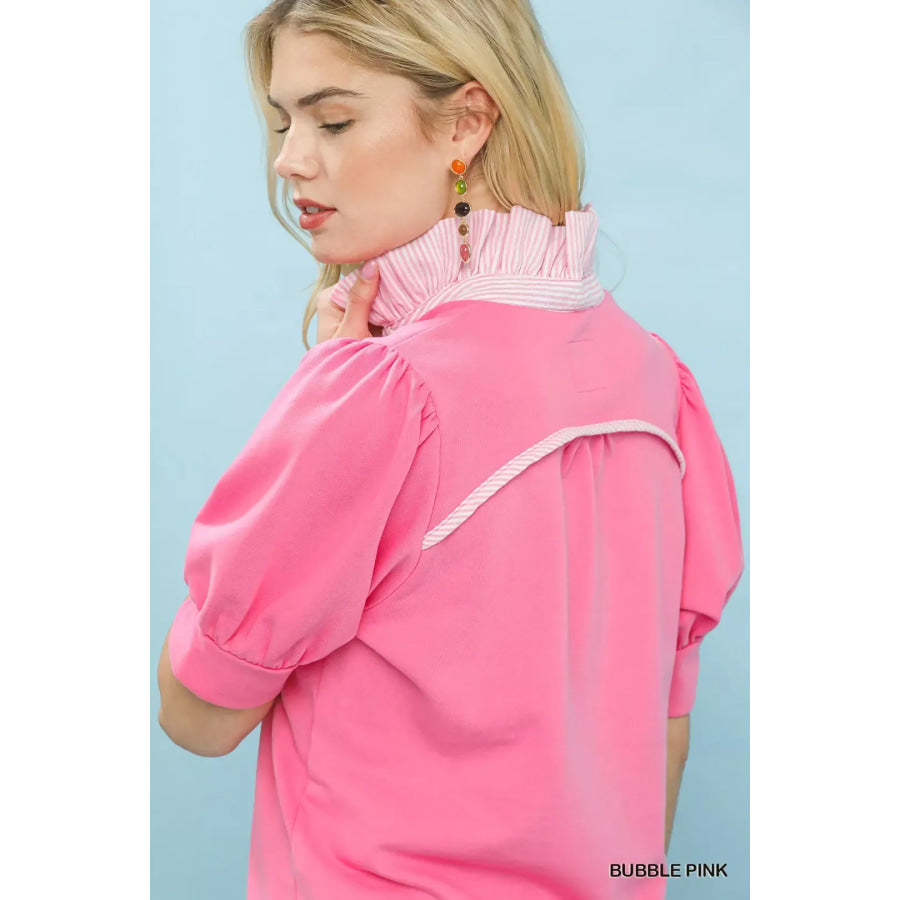 Umgee Striped Collar Popover Top BUBBLE PINK / S Apparel and Accessories