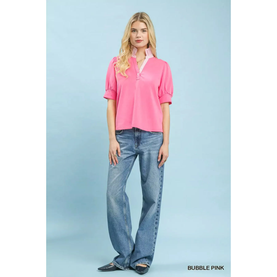 Umgee Striped Collar Popover Top Apparel and Accessories