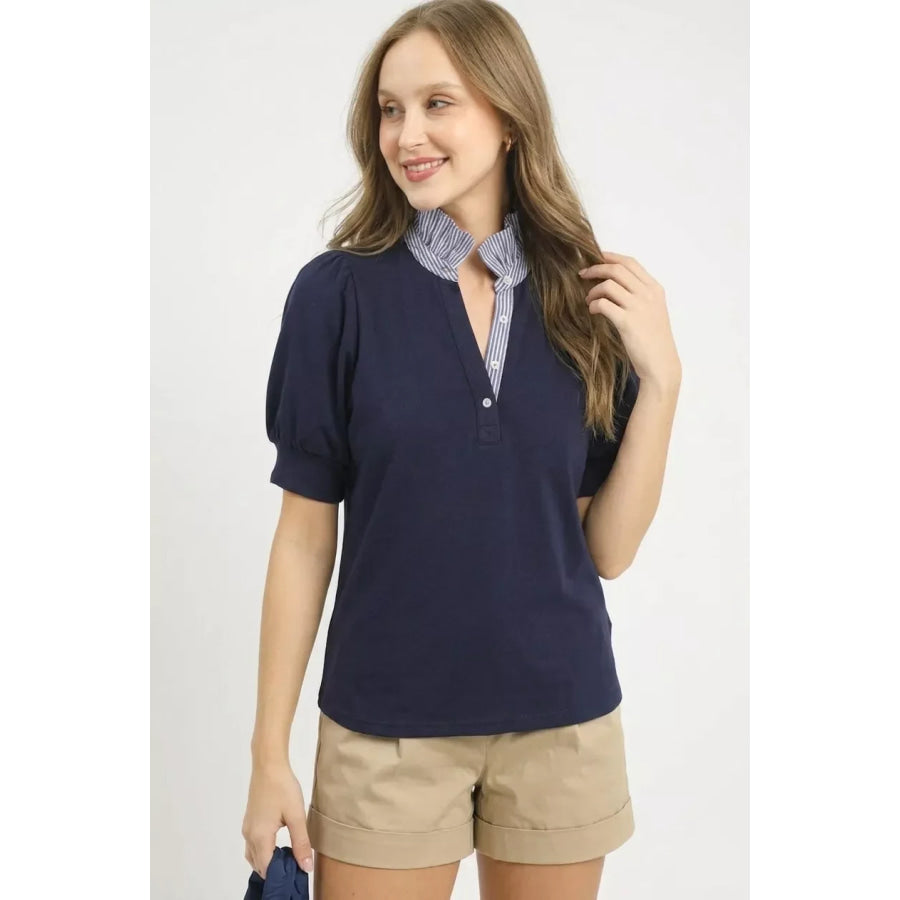 Umgee Striped Collar Popover Top Apparel and Accessories