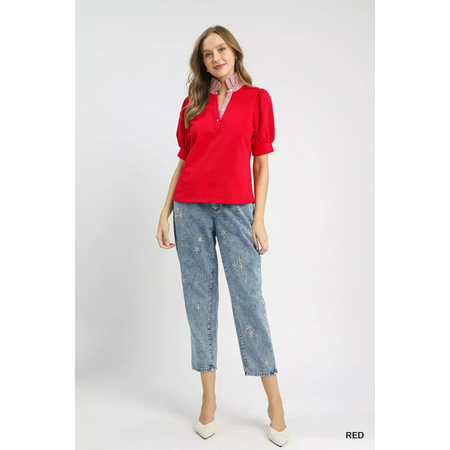 Umgee Striped Collar Popover Top Apparel and Accessories