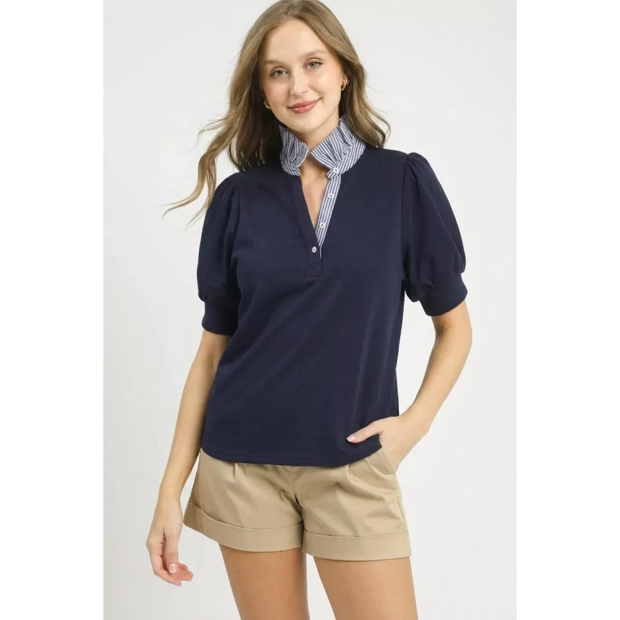 Umgee Striped Collar Popover Top Apparel and Accessories