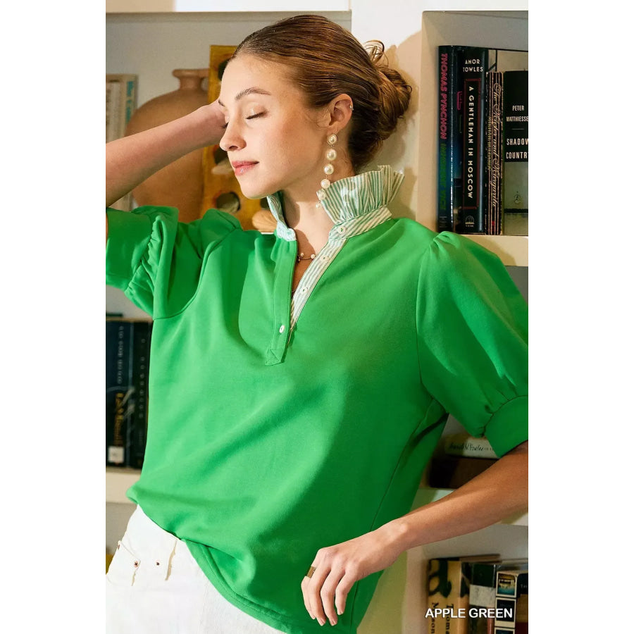 Umgee Striped Collar Popover Top APPLE GREEN / S Apparel and Accessories
