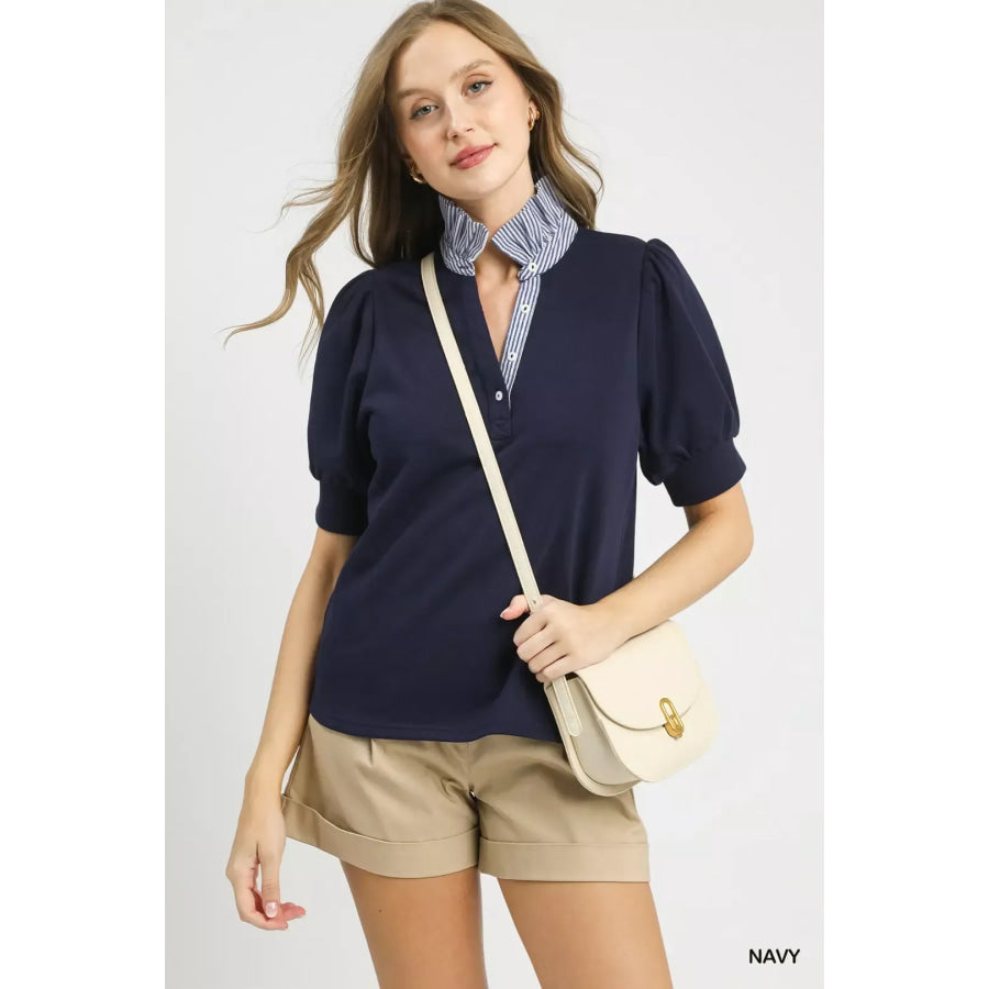 Umgee Striped Collar Popover Top NAVY / S Apparel and Accessories