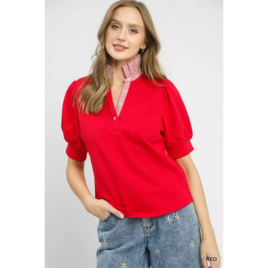 Umgee Striped Collar Popover Top RED / S Apparel and Accessories