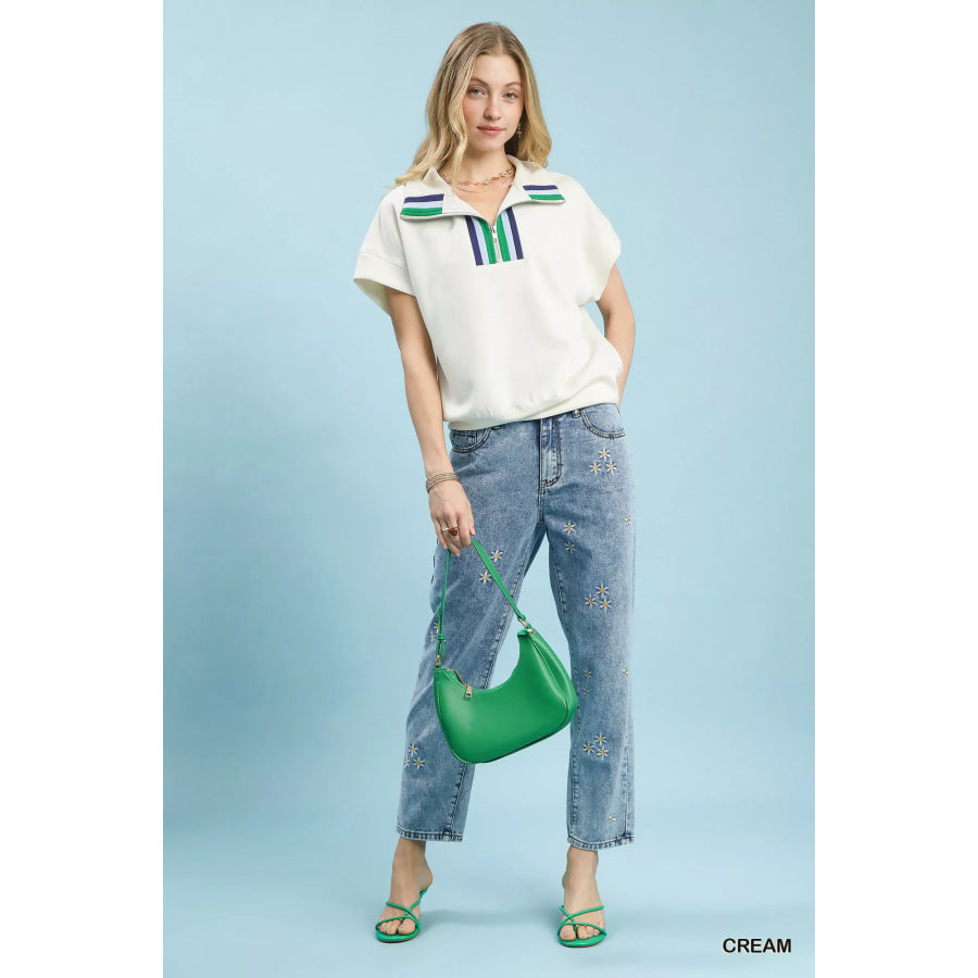 Umgee Striped Collared Neck Half-Zip Top CREAM / S Apparel and Accessories