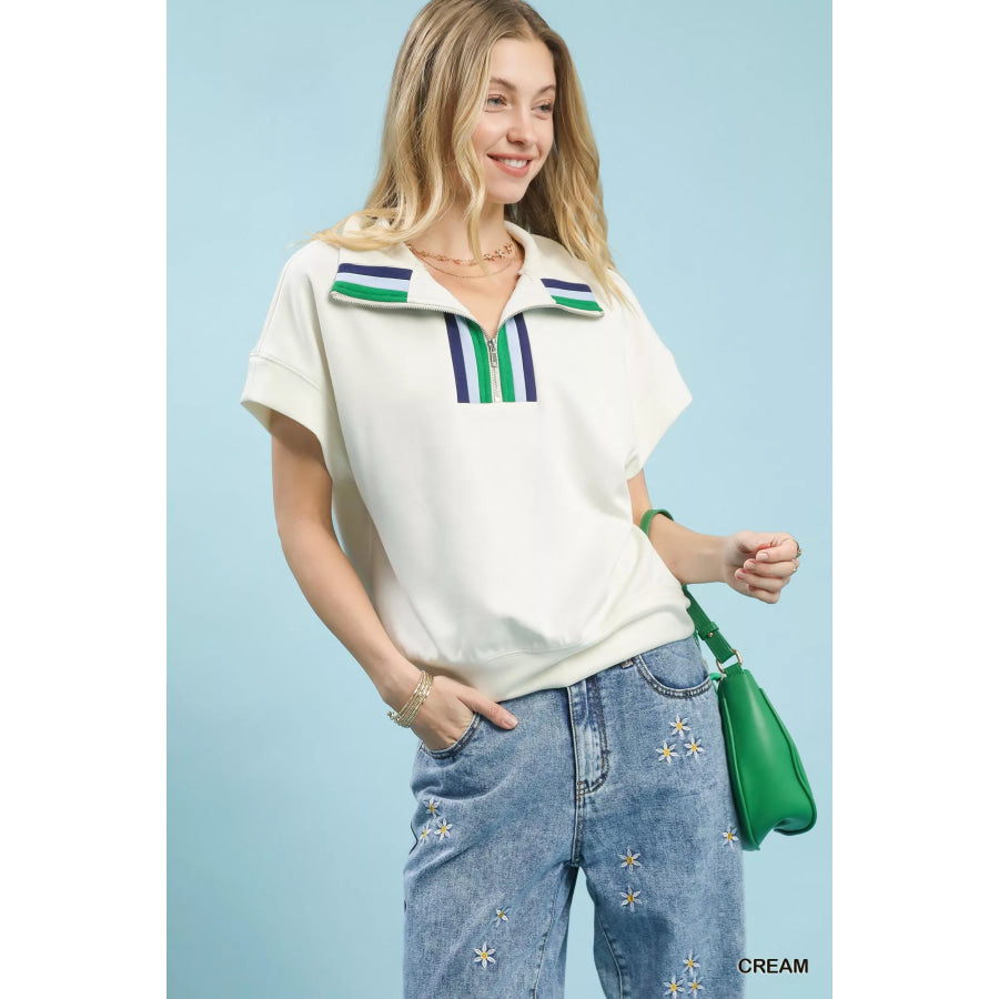 Umgee Striped Collared Neck Half-Zip Top CREAM / S Apparel and Accessories
