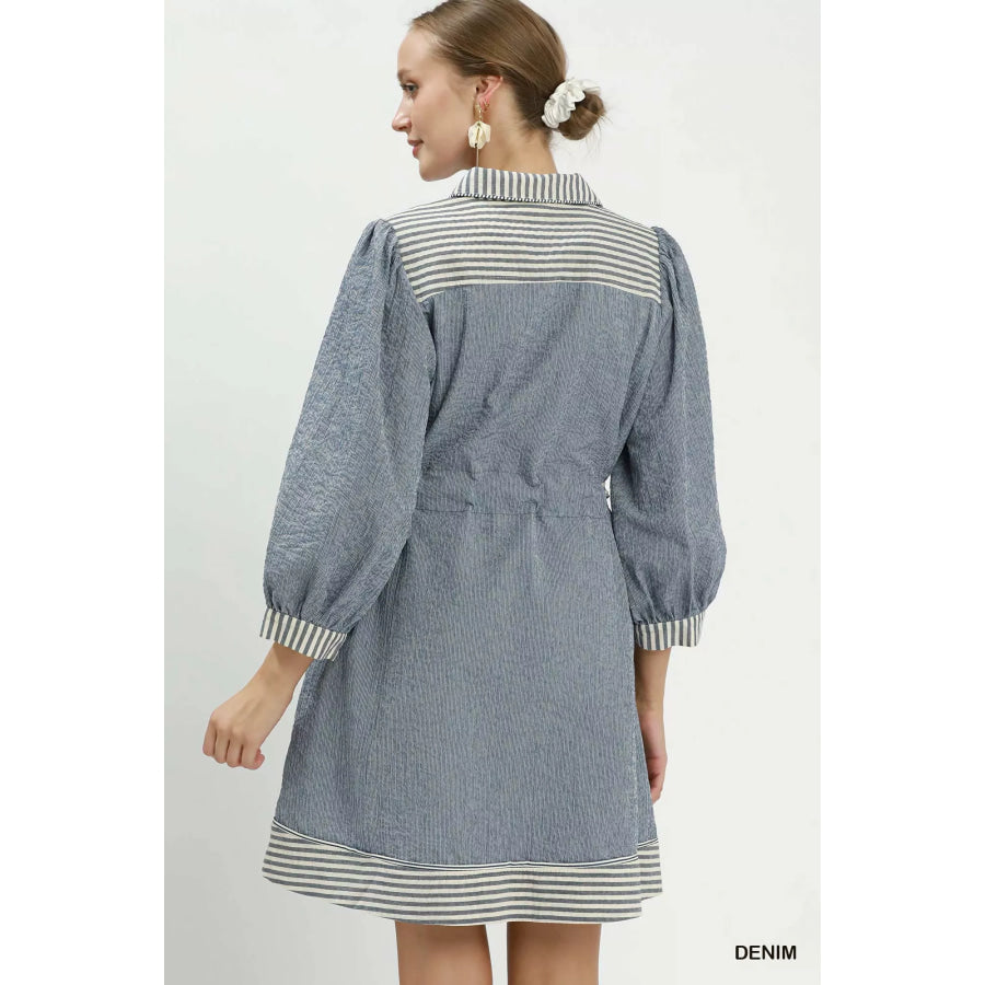 Umgee Striped Contrast Belted Puff Sleeve Mini Dress Apparel and Accessories