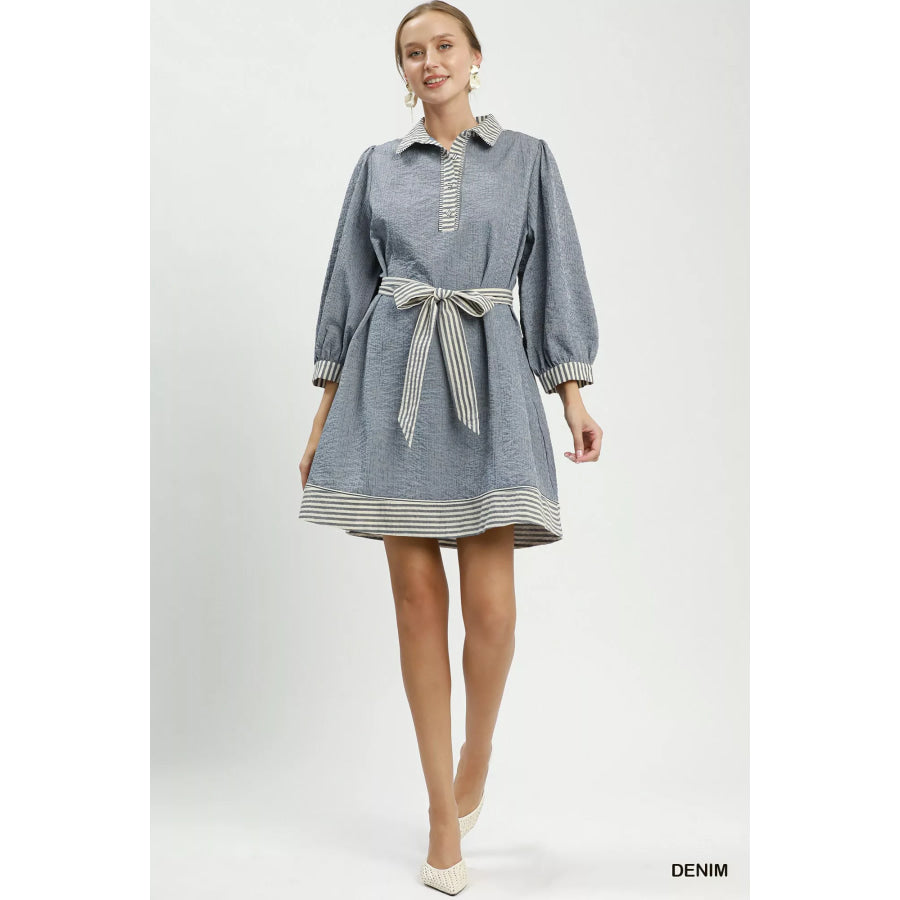 Umgee Striped Contrast Belted Puff Sleeve Mini Dress Apparel and Accessories