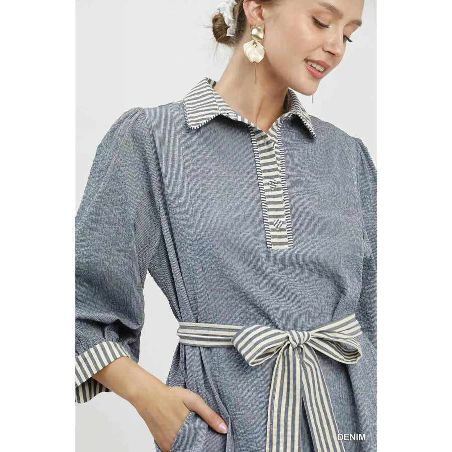 Umgee Striped Contrast Belted Puff Sleeve Mini Dress Apparel and Accessories