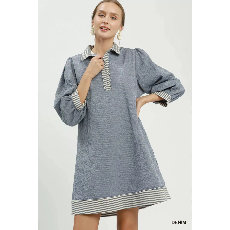 Umgee Striped Contrast Belted Puff Sleeve Mini Dress Apparel and Accessories