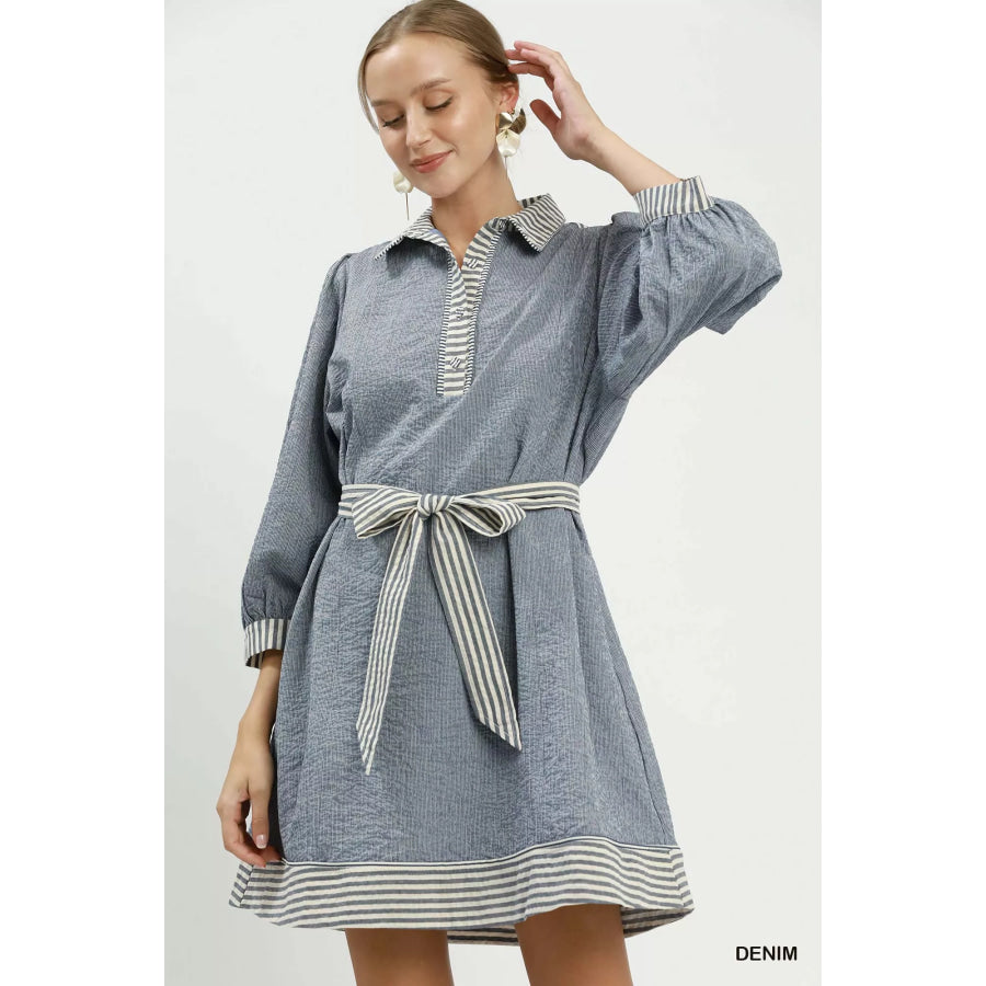 Umgee Striped Contrast Belted Puff Sleeve Mini Dress DENIM / S Apparel and Accessories