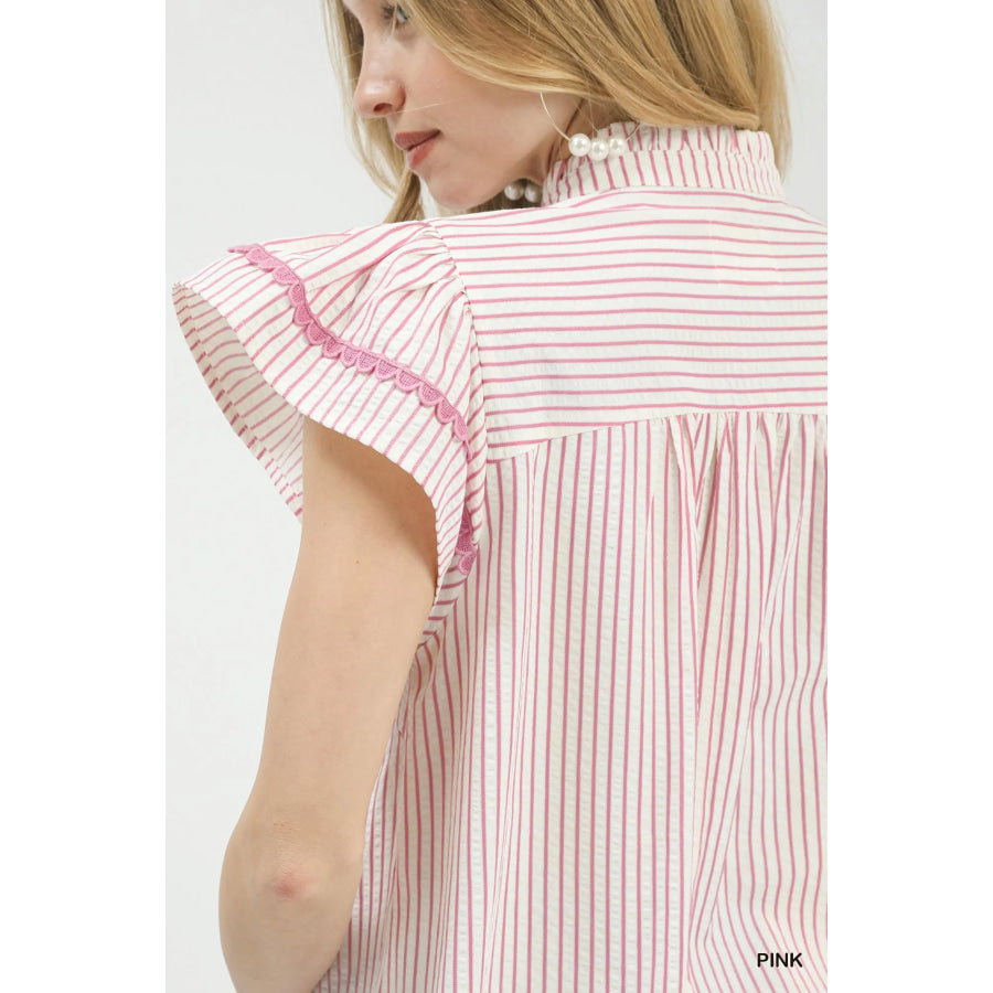 Umgee Striped Flutter Sleeve Top Apparel and Accessories