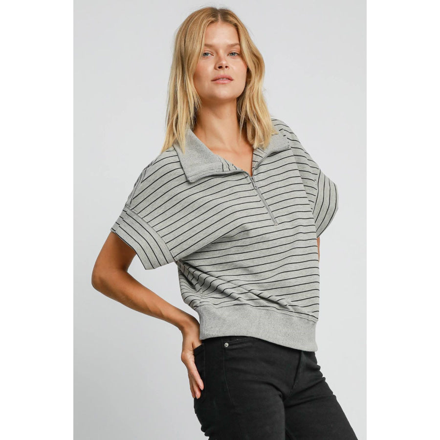 Umgee Striped Half Zip Short Sleeve Sweatshirt Apparel and Accessories