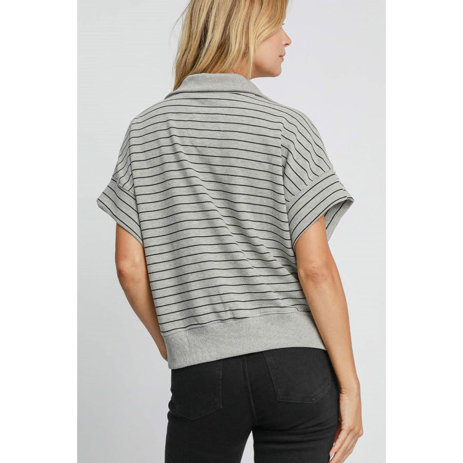 Umgee Striped Half Zip Short Sleeve Sweatshirt Apparel and Accessories