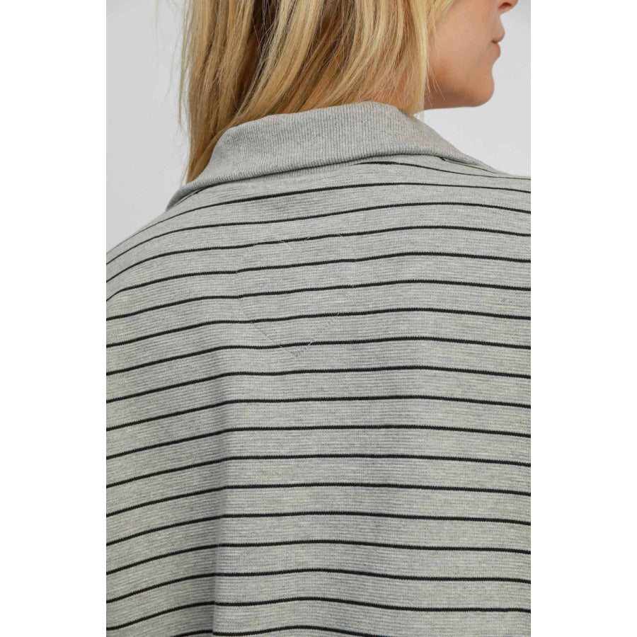 Umgee Striped Half Zip Short Sleeve Sweatshirt Apparel and Accessories