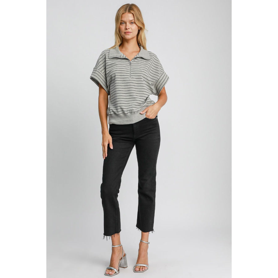 Umgee Striped Half Zip Short Sleeve Sweatshirt Apparel and Accessories