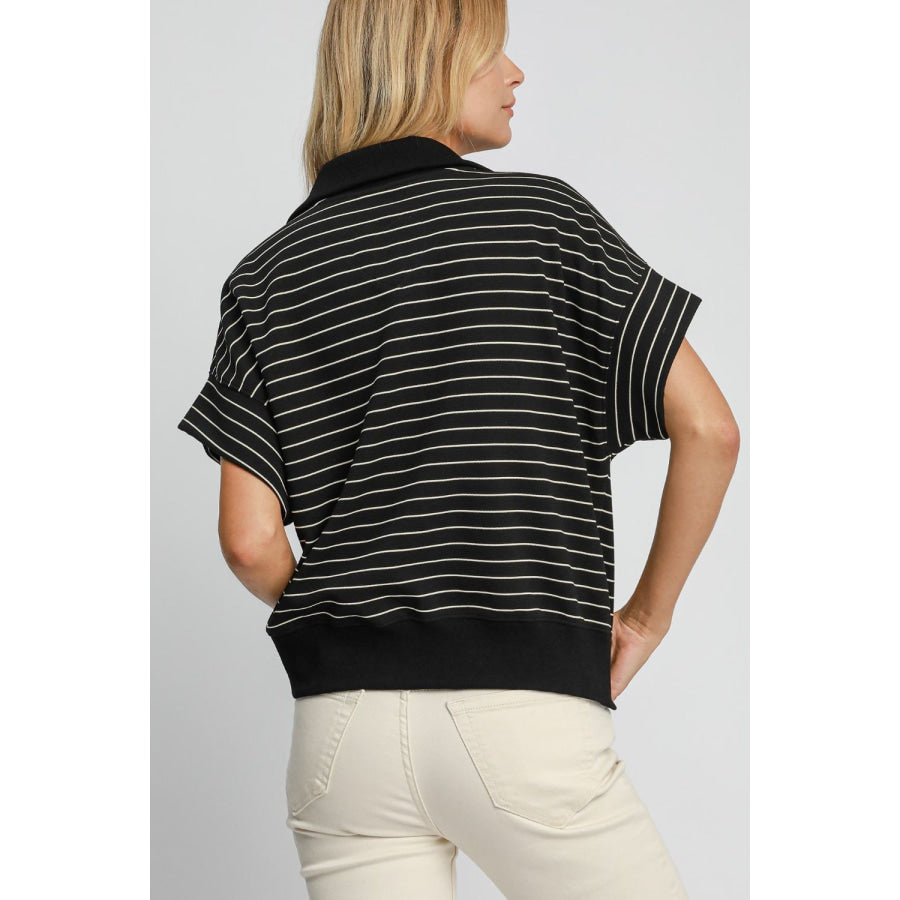 Umgee Striped Half Zip Short Sleeve Sweatshirt Black / S Apparel and Accessories