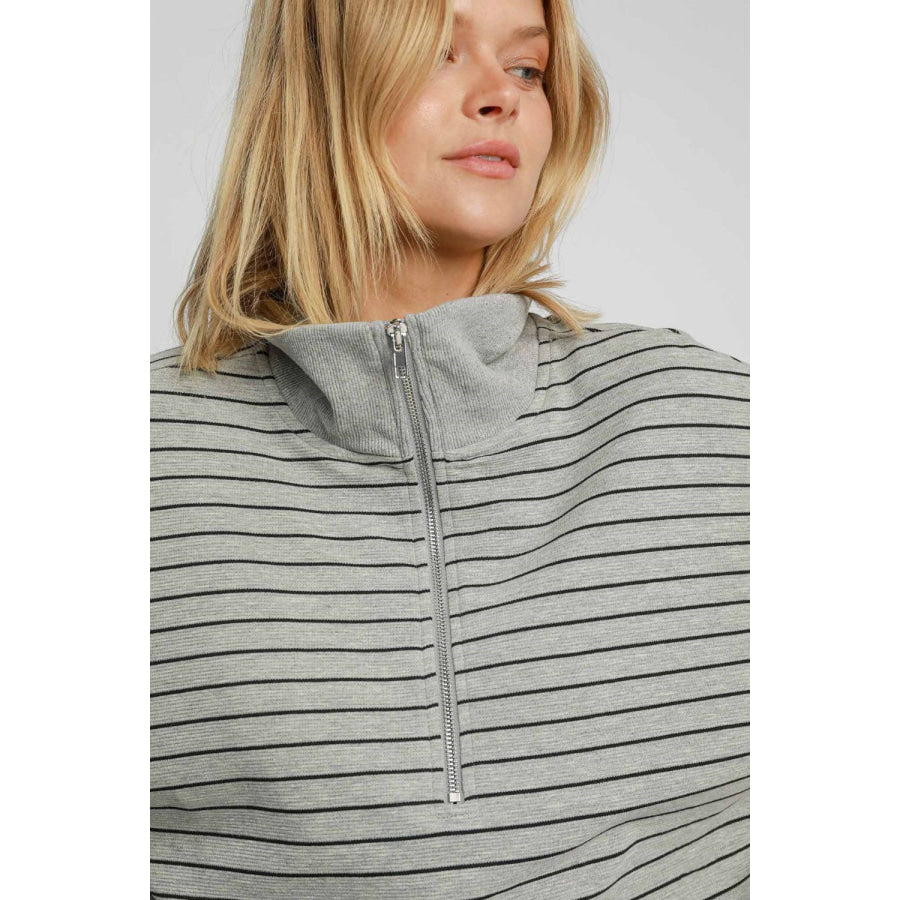 Umgee Striped Half Zip Short Sleeve Sweatshirt Apparel and Accessories