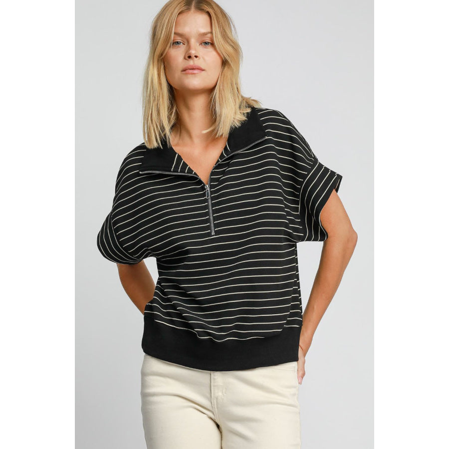 Umgee Striped Half Zip Short Sleeve Sweatshirt Black / S Apparel and Accessories