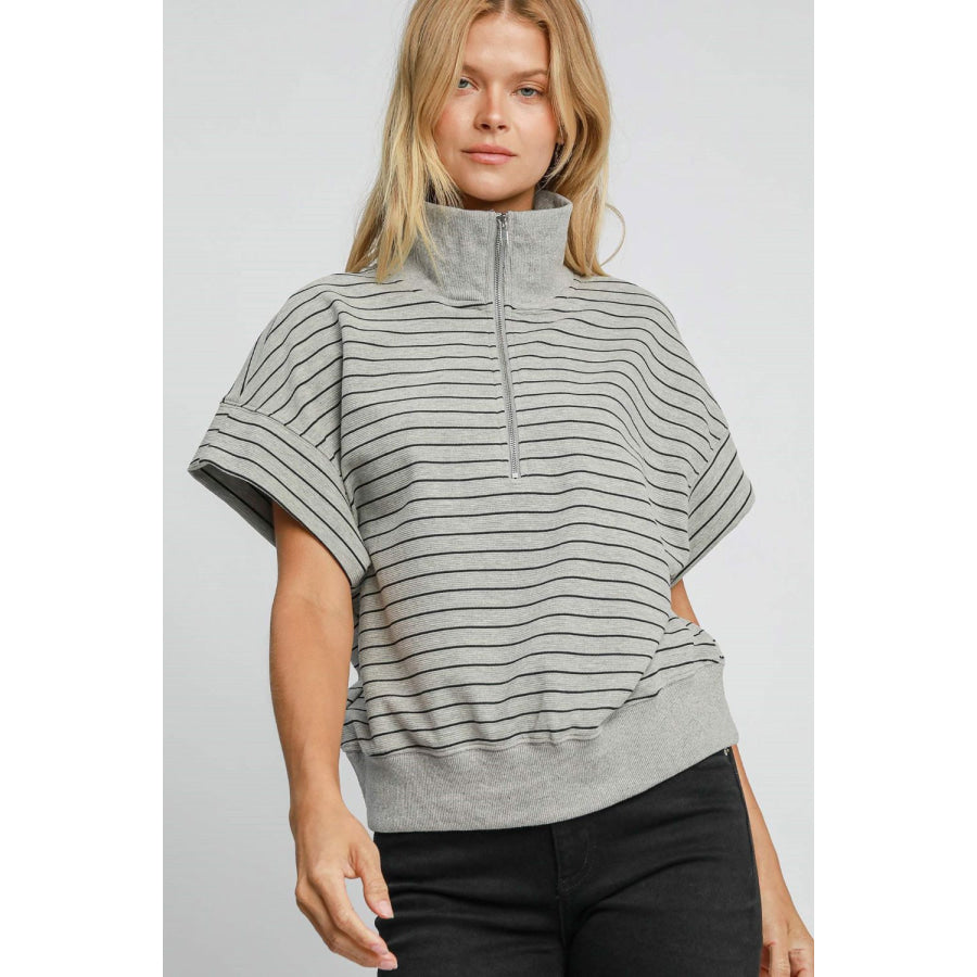 Umgee Striped Half Zip Short Sleeve Sweatshirt Gray / S Apparel and Accessories