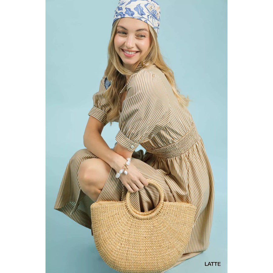 Umgee Striped Midi Dress with Front Zipper Apparel and Accessories