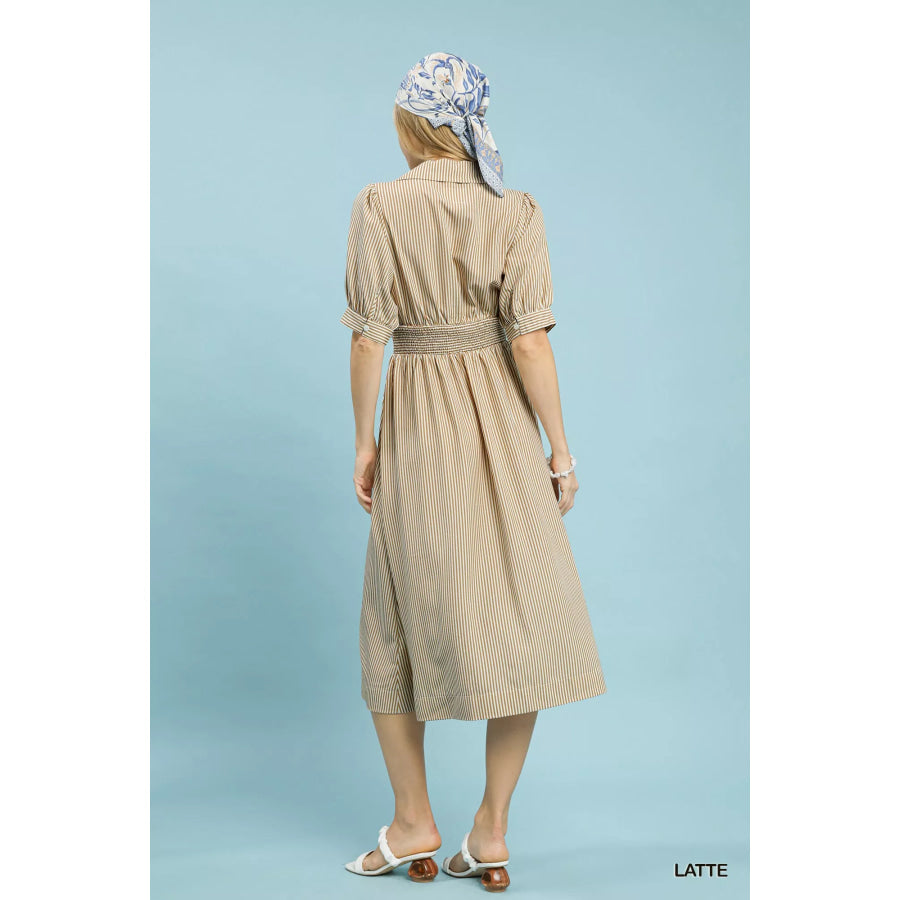 Umgee Striped Midi Dress with Front Zipper Apparel and Accessories