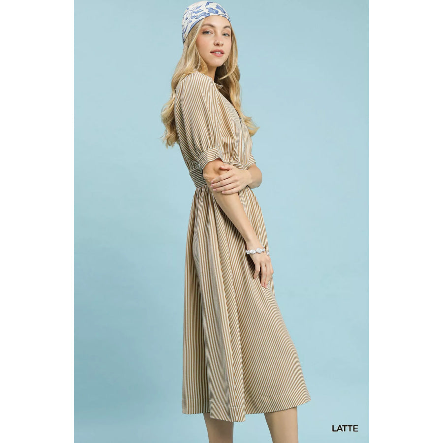 Umgee Striped Midi Dress with Front Zipper Apparel and Accessories