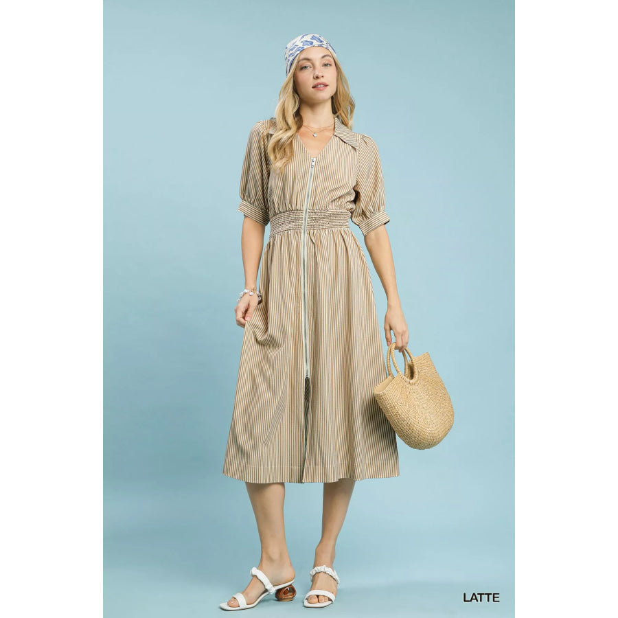 Umgee Striped Midi Dress with Front Zipper Apparel and Accessories