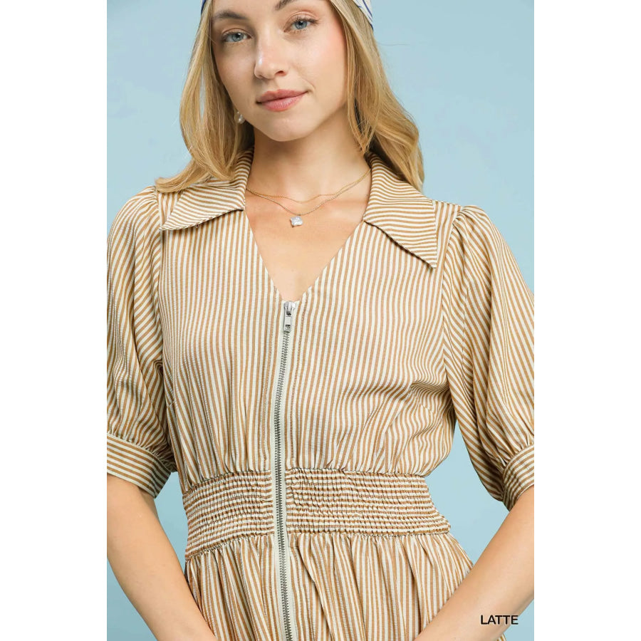 Umgee Striped Midi Dress with Front Zipper Apparel and Accessories