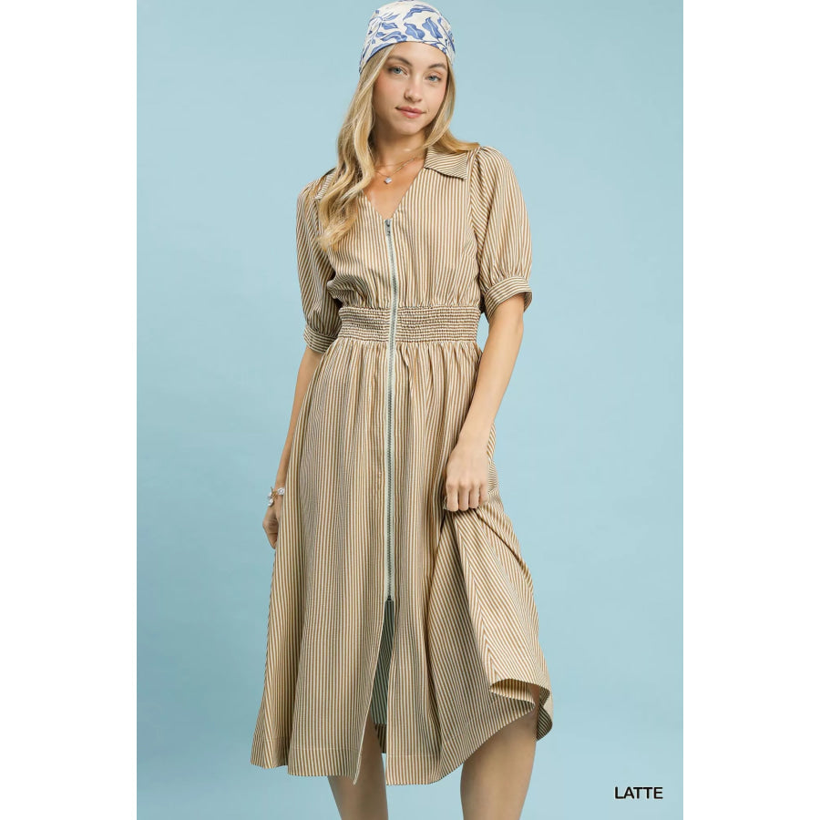 Umgee Striped Midi Dress with Front Zipper LATTE / S Apparel and Accessories