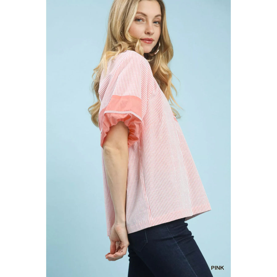 Umgee Striped Mixed Puff Sleeve Blouse Pink / S Apparel and Accessories