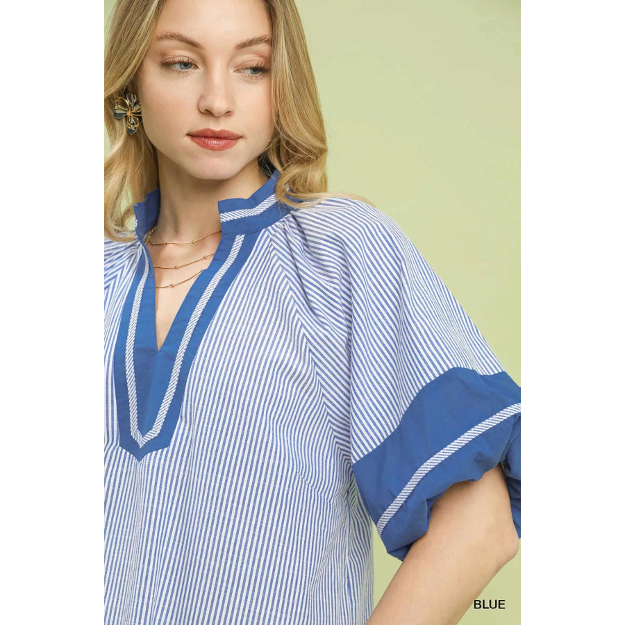 Umgee Striped Mixed Puff Sleeve Blouse Apparel and Accessories